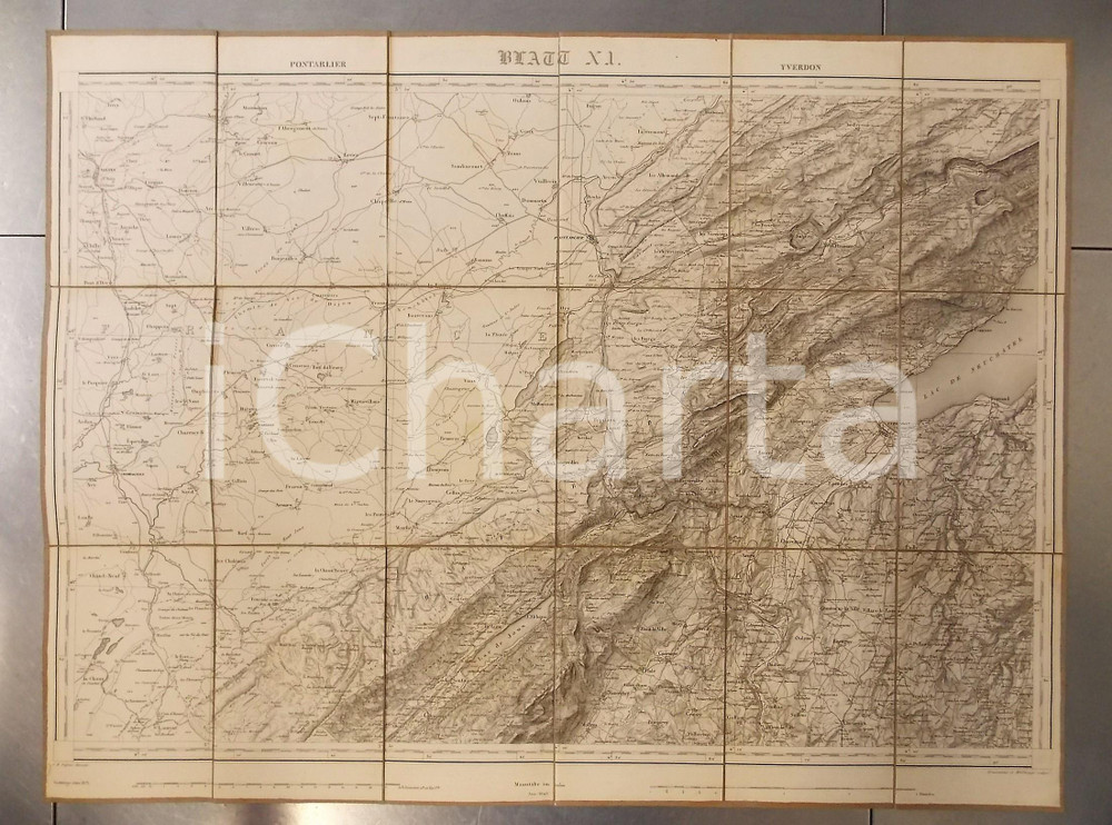 Mappa, planimetria storica 1875 DUFOUR Carte SUISSE PONTARLIER  YVERDON  Mappa 75x55 cm 1