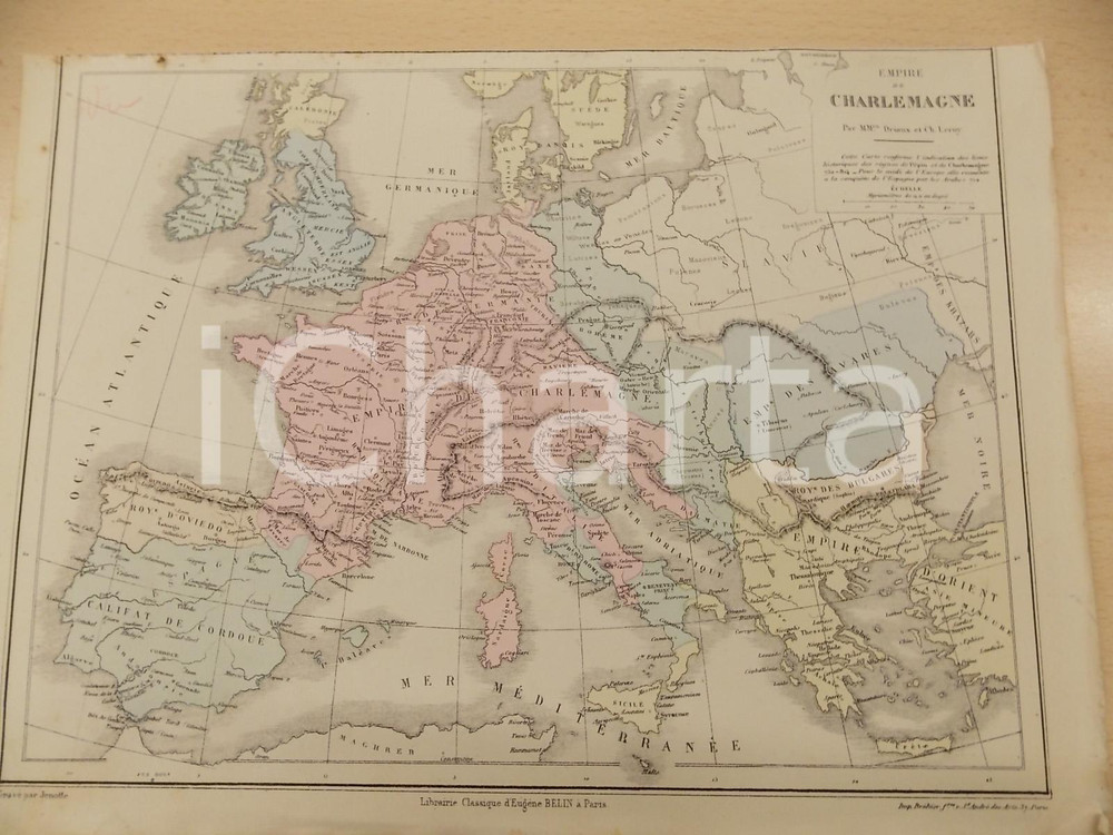 Stampa, bozzetto originale 1884 PARIS DRIOUX  LEROY Atlas universel Empire de Charlemagne ed. BELIN 32x23 1