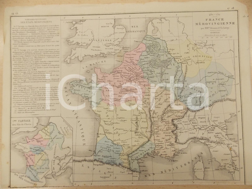 Stampa, bozzetto originale 1884 PARIS DRIOUX  LEROY Atlas universel Partages états mérovingiens 32x23 cm 1