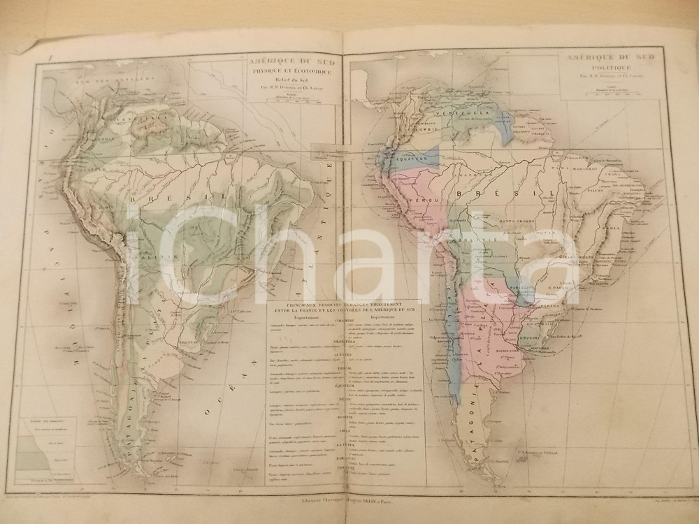 Stampa, bozzetto originale 1884 PARIS DRIOUX  LEROY Atlas universel AmÃ©rique du Sud 46x32 cm Ã©d. BELIN 1