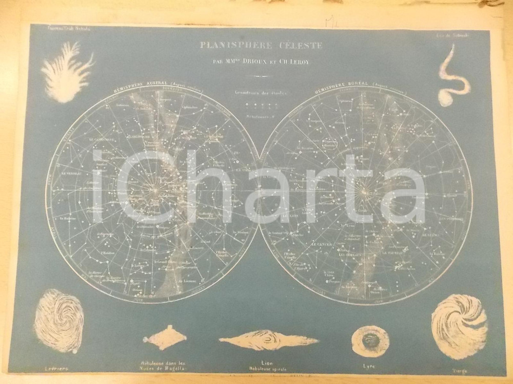 Stampa, bozzetto originale 1884 PARIS DRIOUX  LEROY Atlas universel PlanisphÃ¨re cÃ©leste 32x23 cm 1