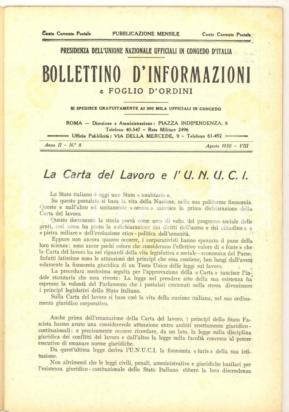 Giornale, rivista storica 1930 Bollettino UNUCI TORINO Istituto per figlie militari Rivista anno II nÂ° 8 1