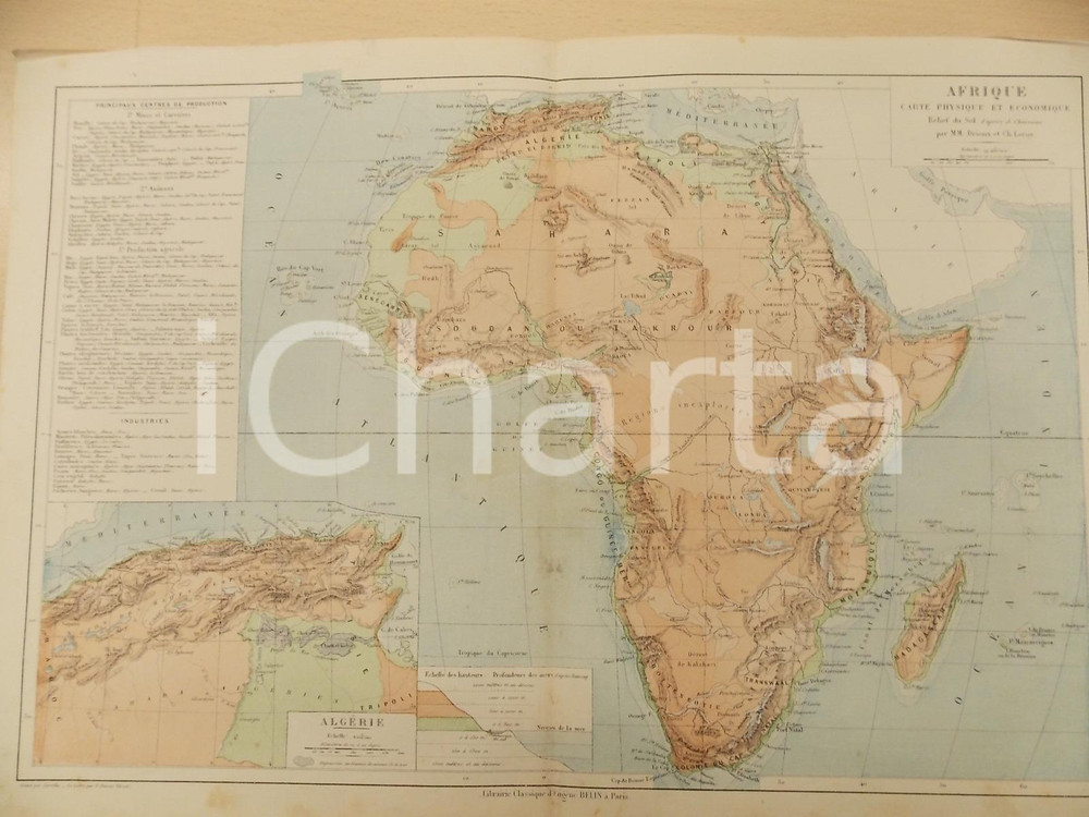 Stampa, bozzetto originale 1884 PARIS DRIOUX  LEROY Atlas universel Algérie et Afrique 46x32 cm Ed. BELIN 1