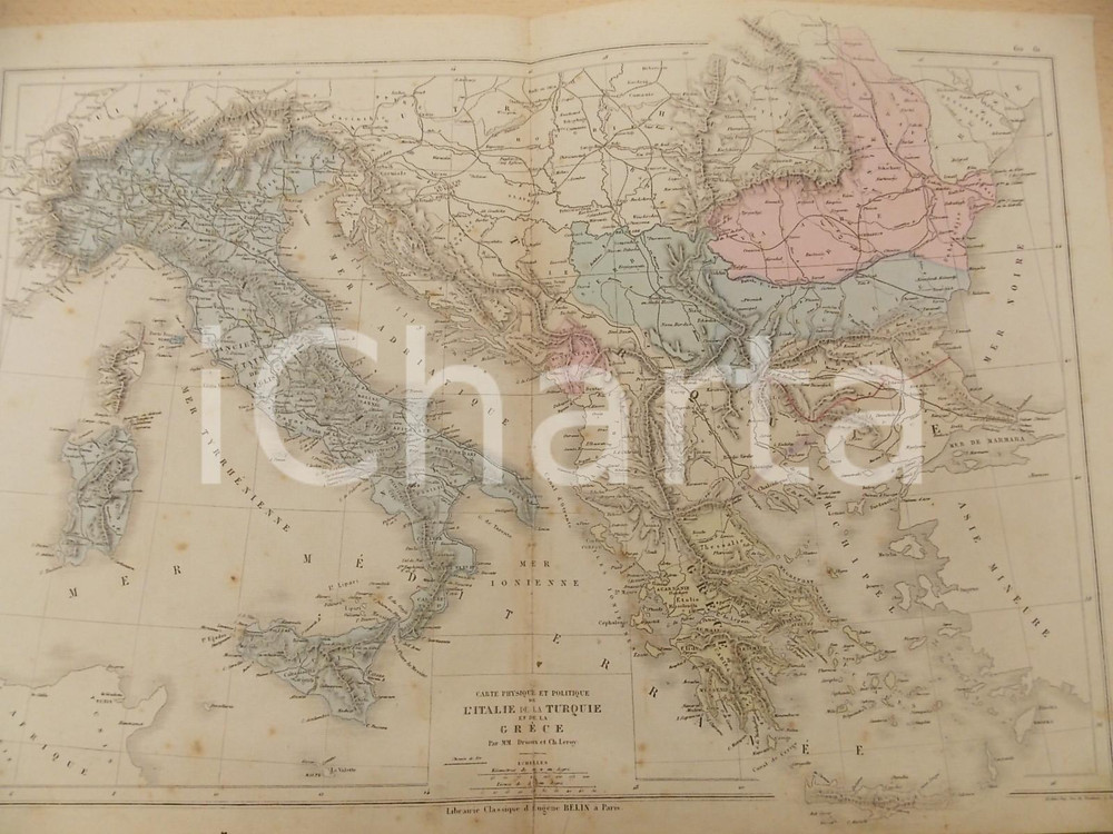 Stampa, bozzetto originale 1884 PARIS DRIOUX  LEROY Atlas universel Italie  Turquie  GrÃ¨ce 46x32 cm 1