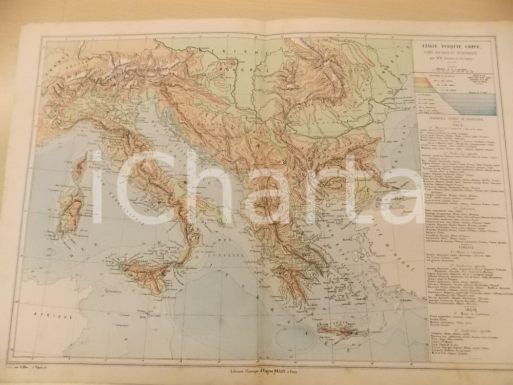 Stampa, bozzetto originale 1884 PARIS DRIOUX  LEROY Atlas universel Carte Italie  Turquie  Grèce 46x32 1