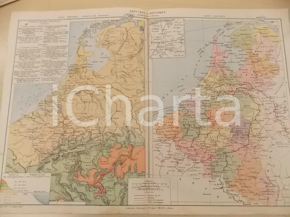 Stampa, bozzetto originale 1884 PARIS DRIOUX  LEROY Atlas universel Carte PaysBas et Belgique 46x32 1