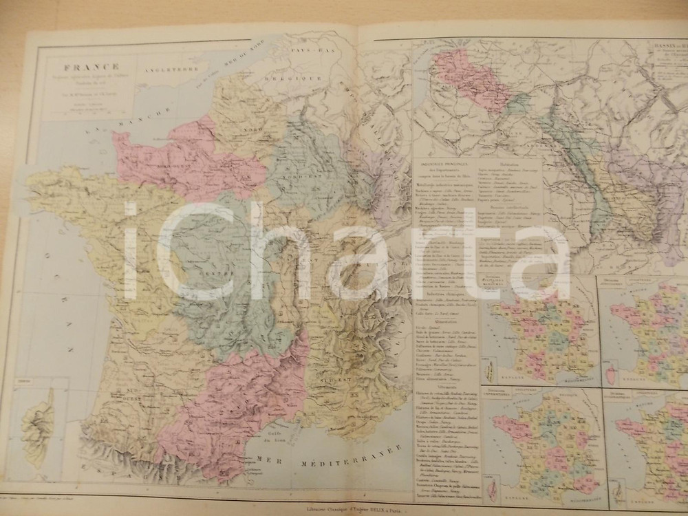 Stampa, bozzetto originale 1884 PARIS DRIOUX  LEROY Atlas universel France rÃ©gions agricoles 46x32 cm 1