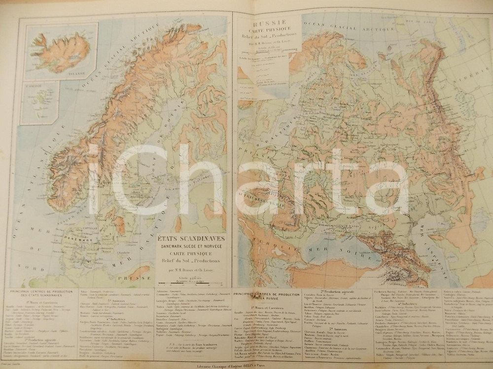 Stampa, bozzetto originale 1884 PARIS DRIOUX LEROY Atlas universel Carte Russie  Etats scandinaves 46x32 1
