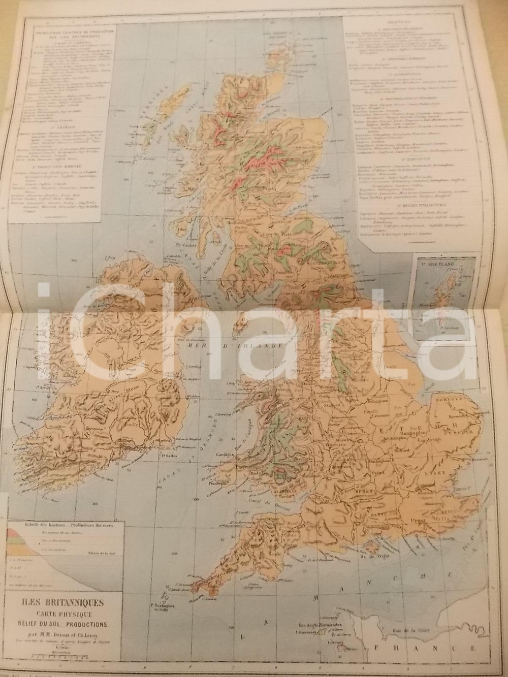 Stampa, bozzetto originale 1884 PARIS DRIOUX LEROY Atlas universel Carte Iles britanniques 32x46 cm 1