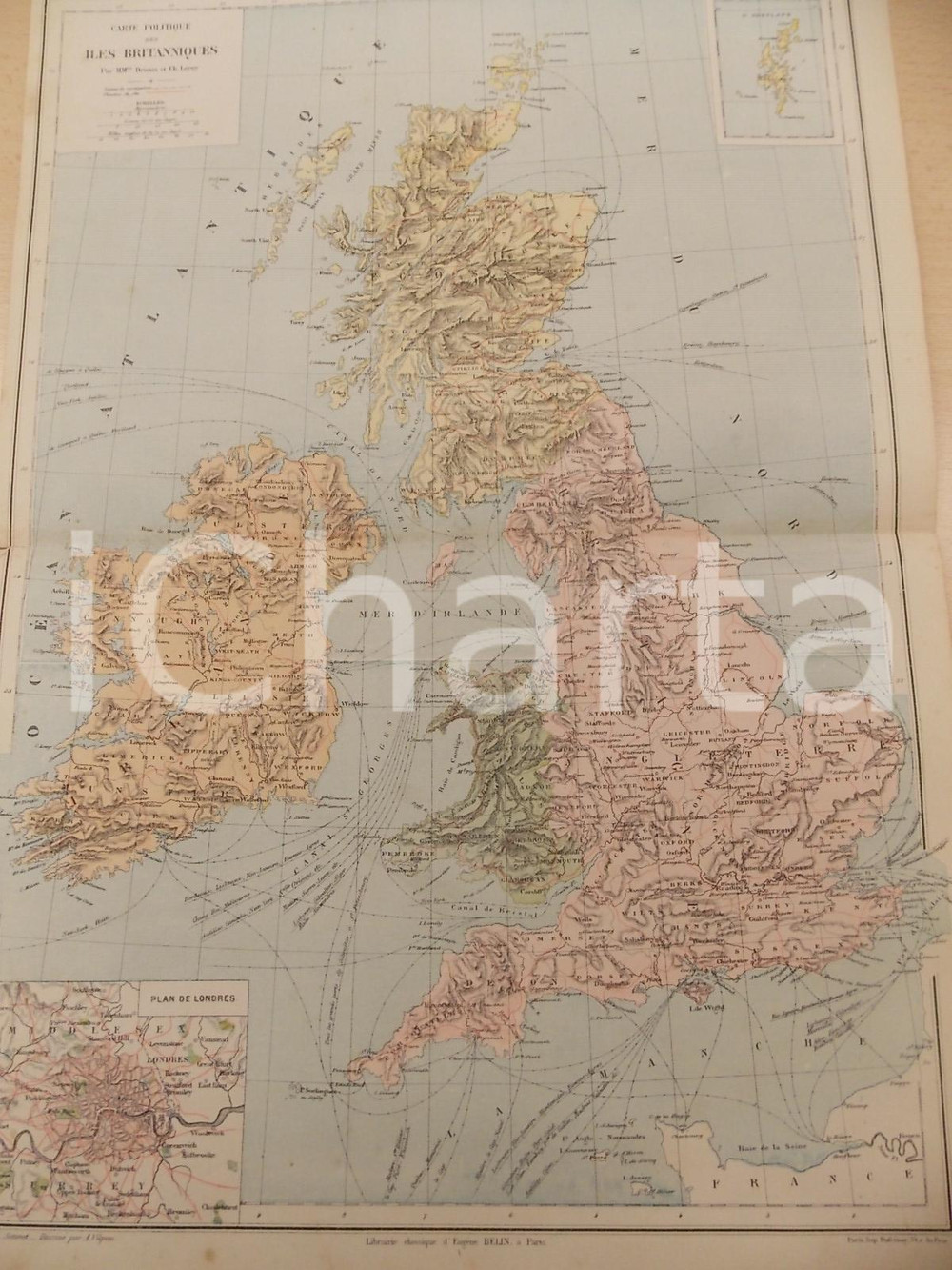 Stampa, bozzetto originale 1884 PARIS DRIOUX LEROY Atlas universel Carte politique Iles britanniques 32x46 1