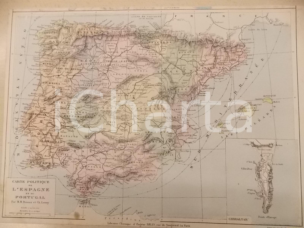 Stampa, bozzetto originale 1884 PARIS DRIOUX LEROY Atlas universel Carte politique ESPAGNE PORTUGAL 32x46 1