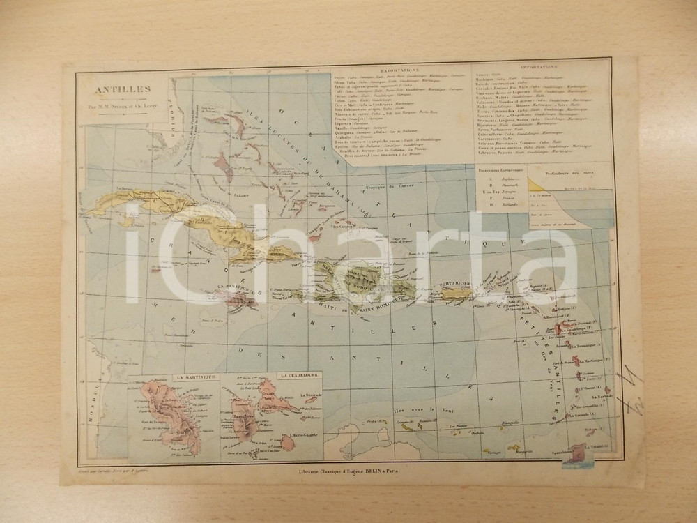 Stampa, bozzetto originale 1884 PARIS DRIOUX  LEROY Atlas universel Carte ANTILLES 32x23 cm Ã©d. BELIN 1