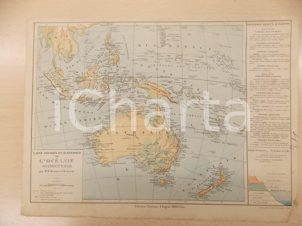 Stampa, bozzetto originale 1884 PARIS DRIOUX  LEROY Atlas universel Carte OCEANIE occidentale 32x23 cm 1