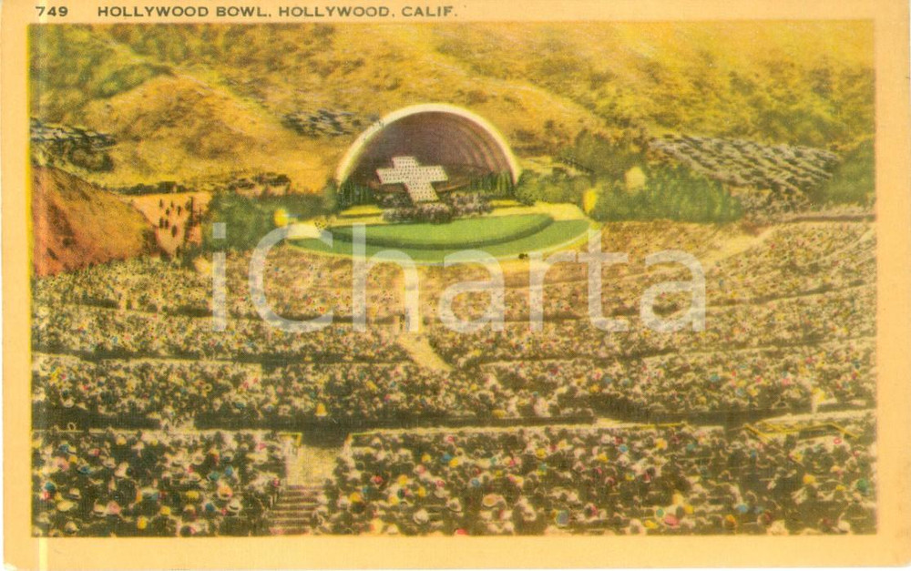 Cartolina originale da collezione 1935 ca HOLLYWOOD USA Folla a Hollywood Bowl per servizio di PASQUA Cartolina 1