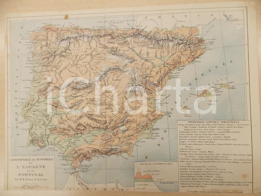 Stampa, bozzetto originale 1884 PARIS DRIOUX LEROY Atlas universel Carte physique ESPAGNE PORTUGAL 32x46 1