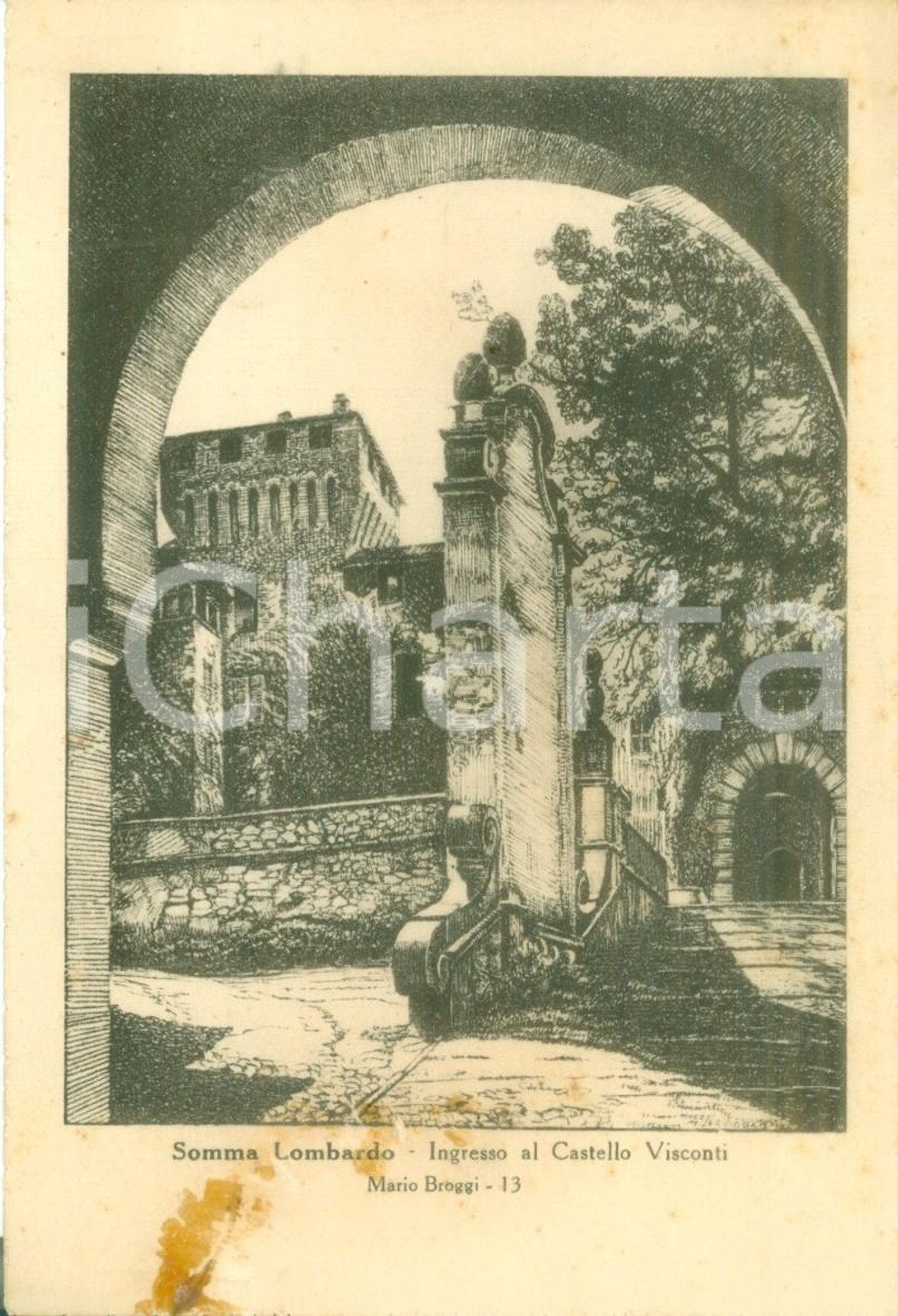 Cartolina originale da collezione 1940 ca SOMMA LOMBARDO VA Ingresso al Castello VISCONTI Cartolina DANNEGGIATA 1