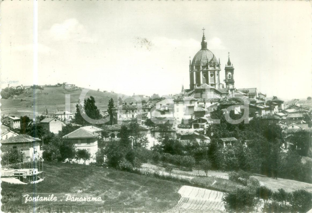 Cartolina originale da collezione 1960 ca FONTANILE AT Panorama con Chiesa di San Giovanni Battista Cartolina FG 1