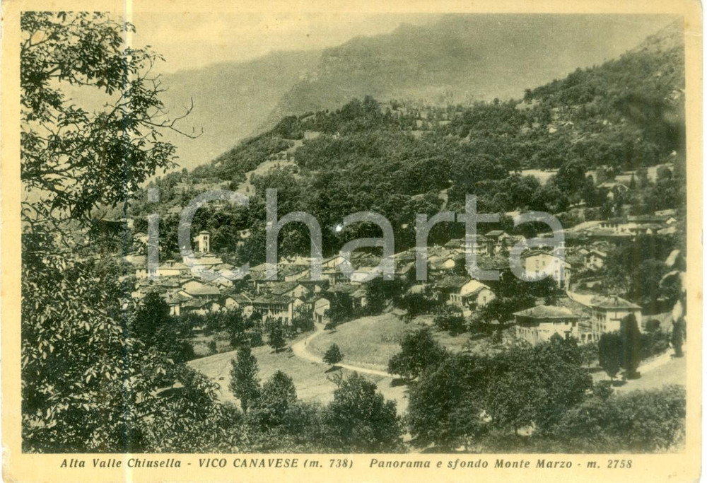 Cartolina originale da collezione 1952 VICO CANAVESE TO Panorama e sfondo Monte MARZO Cartolina FG VG 1
