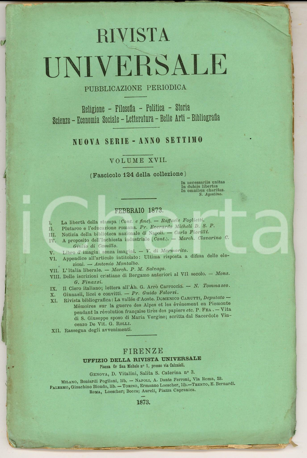 Giornale, rivista storica 1873 RIVISTA UNIVERSALE Iscrizioni cristiane di BERGAMO Anno VII n° 124 1