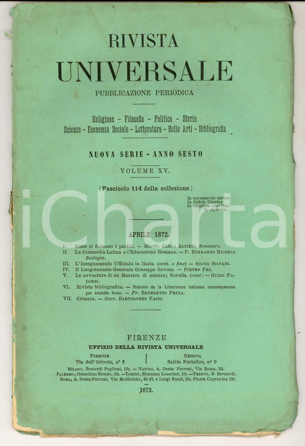 Giornale, rivista storica 1872 RIVISTA UNIVERSALE Il Concilio Vaticano Anno VI n°116 DANNEGGIATA 1