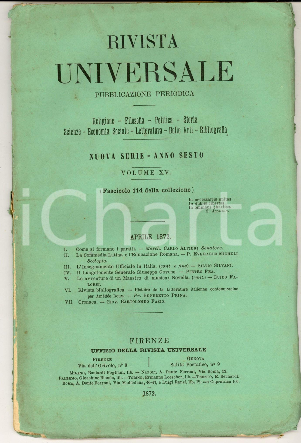 Giornale, rivista storica 1872 RIVISTA UNIVERSALE Luogotenente Giuseppe GOVONE Anno VI nÂ°114 DANNEGGIATA 1