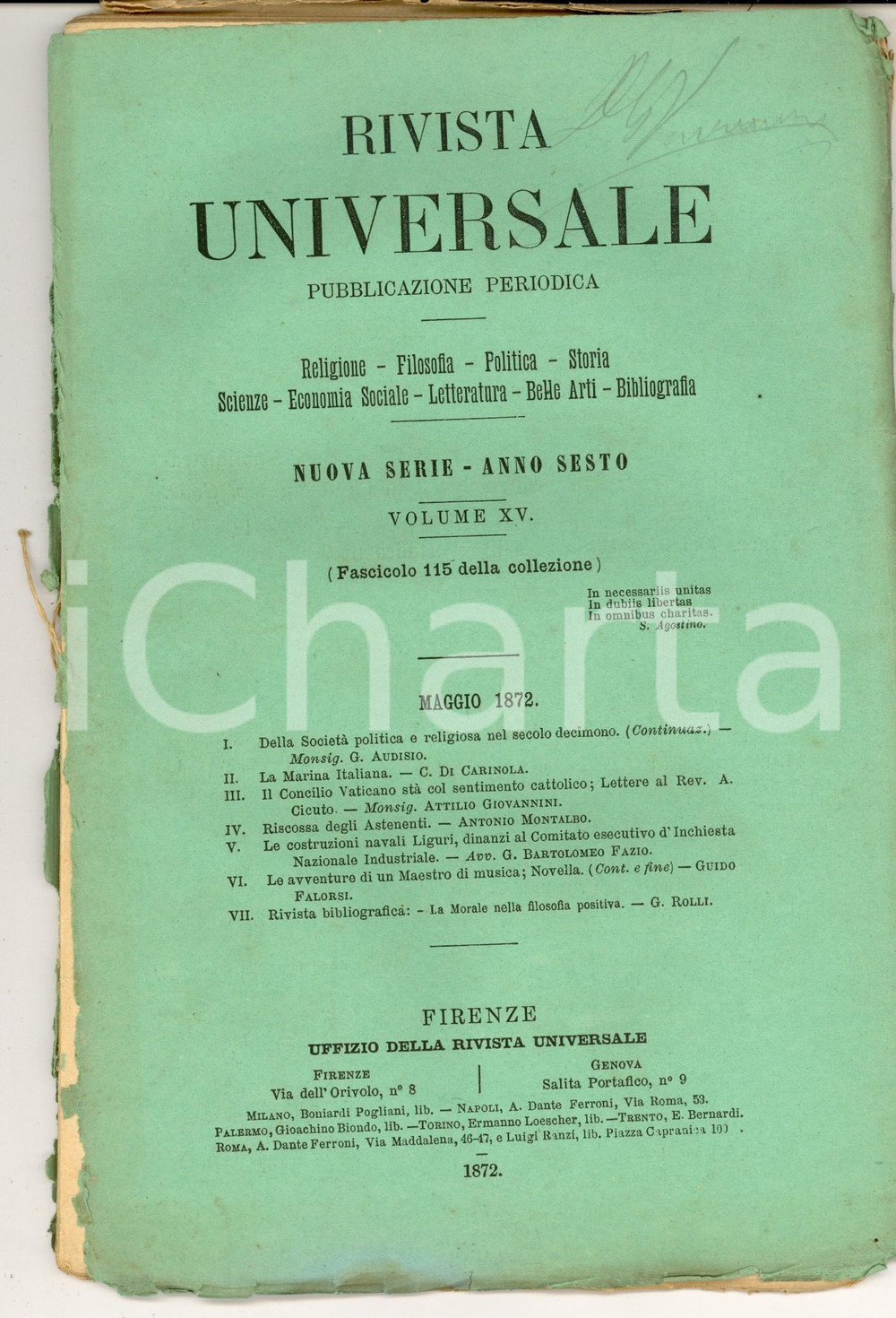 Giornale, rivista storica 1872 RIVISTA UNIVERSALE Costruzioni navali liguri Anno VI nÂ°115 DANNEGGIATA 1