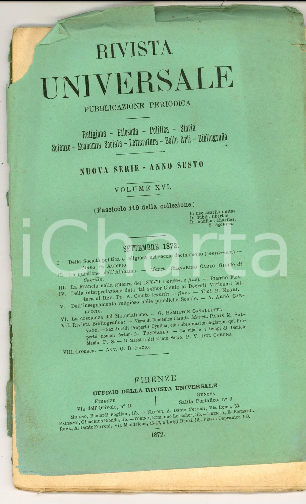 Giornale, rivista storica 1872 RIVISTA UNIVERSALE La questione dell ALABAMA Anno VI nÂ°119 DANNEGGIATA 1