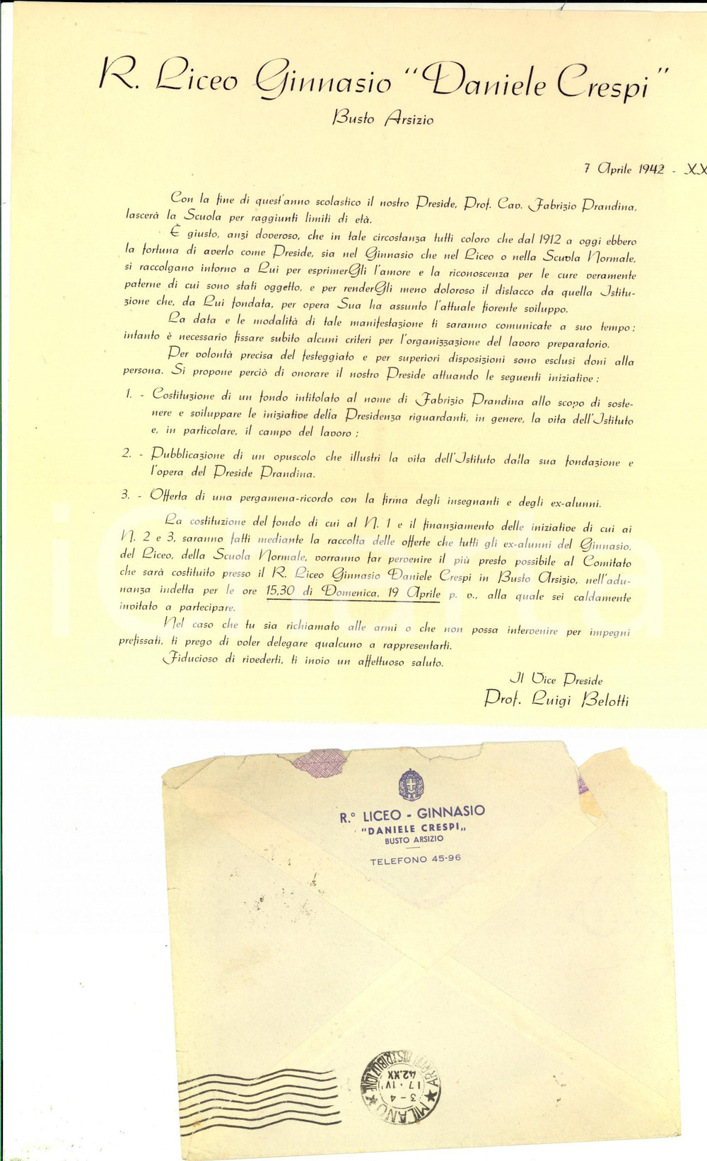 Manoscritto, lettera originale 1942 BUSTO ARSIZIO VA Liceo Daniele CRESPI sul congedo di Fabrizio PRANDINA 1