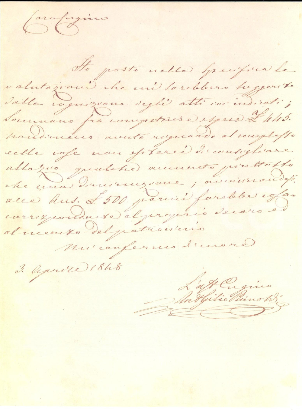Manoscritto, lettera originale 1848 MILANO Lettera Antonio GILIORIMOLDI al cugino per una rendita 1