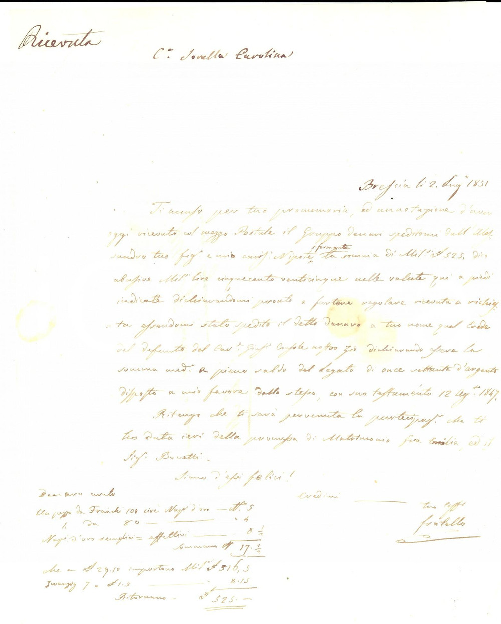 Documento originale, autentico 1851 BRESCIA Lettera a Carolina DE DOMINICI PAGNONI dal fratello per eredità 1