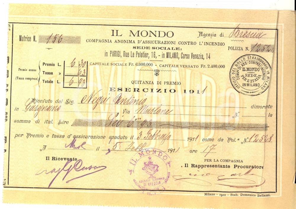 Documento originale, autentico 1911 BRESCIA IL MONDO Compagnie Assicurazioni contro l incendio Ricevuta 1