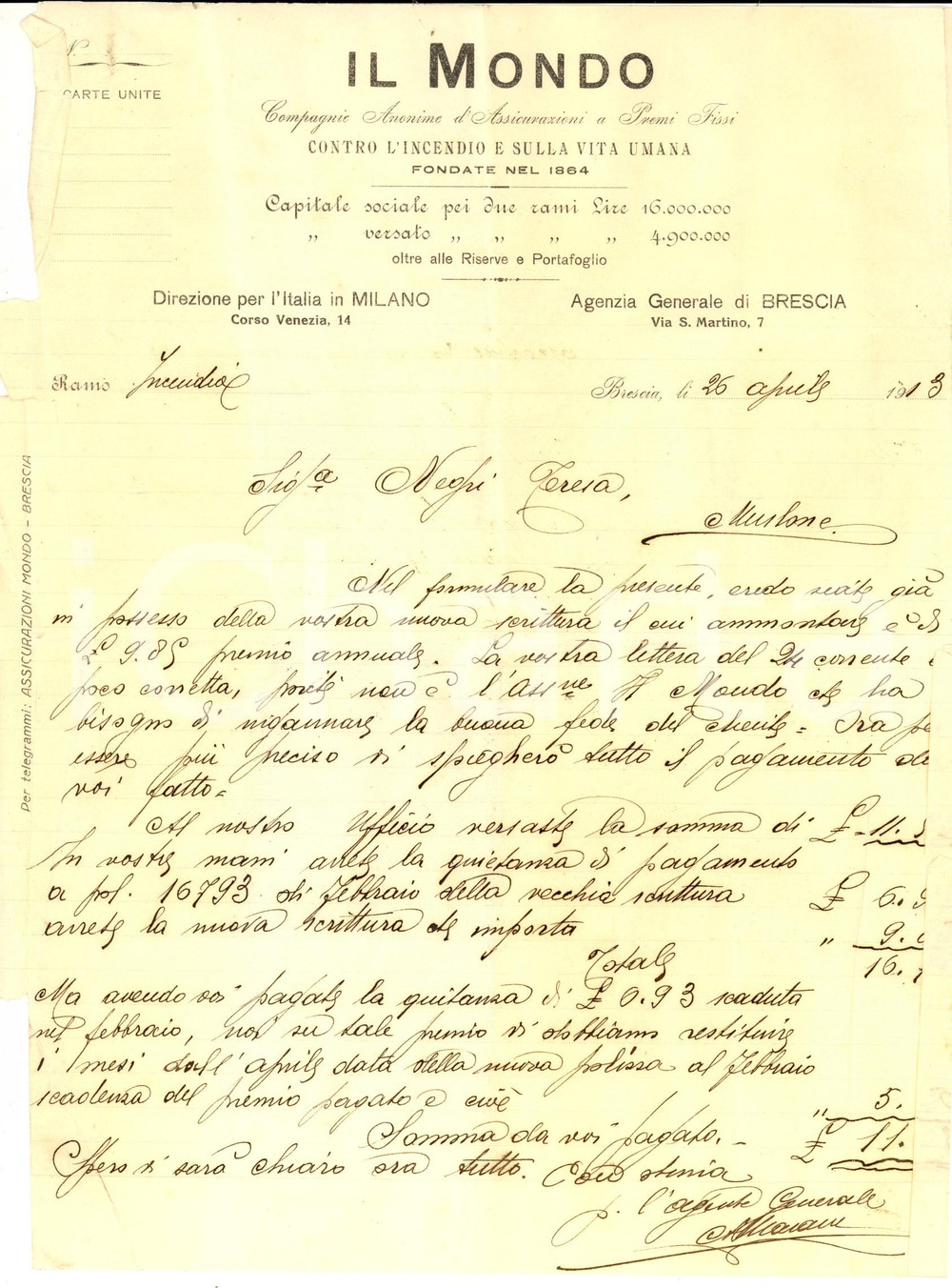 Documento originale, autentico 1913 BRESCIA IL MONDO Compagnie Assicurazioni contro l incendio Lettera 1