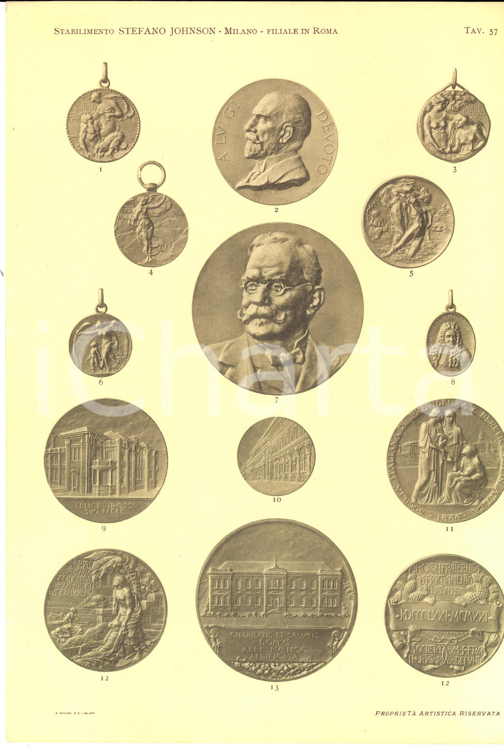 Stampa, bozzetto originale 1930 ca MILANO Stefano JOHNSON Medaglie commemorative Stampa 20x30 cm tav. 57 1