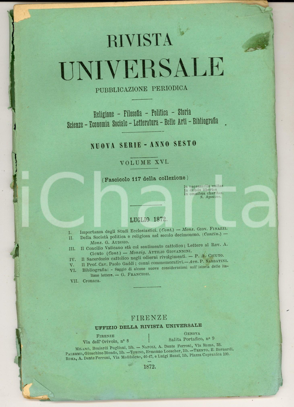 Giornale, rivista storica 1872 RIVISTA UNIVERSALE Il prof. cav. Paolo GADDI Anno VI nÂ°117 DANNEGGIATA 1