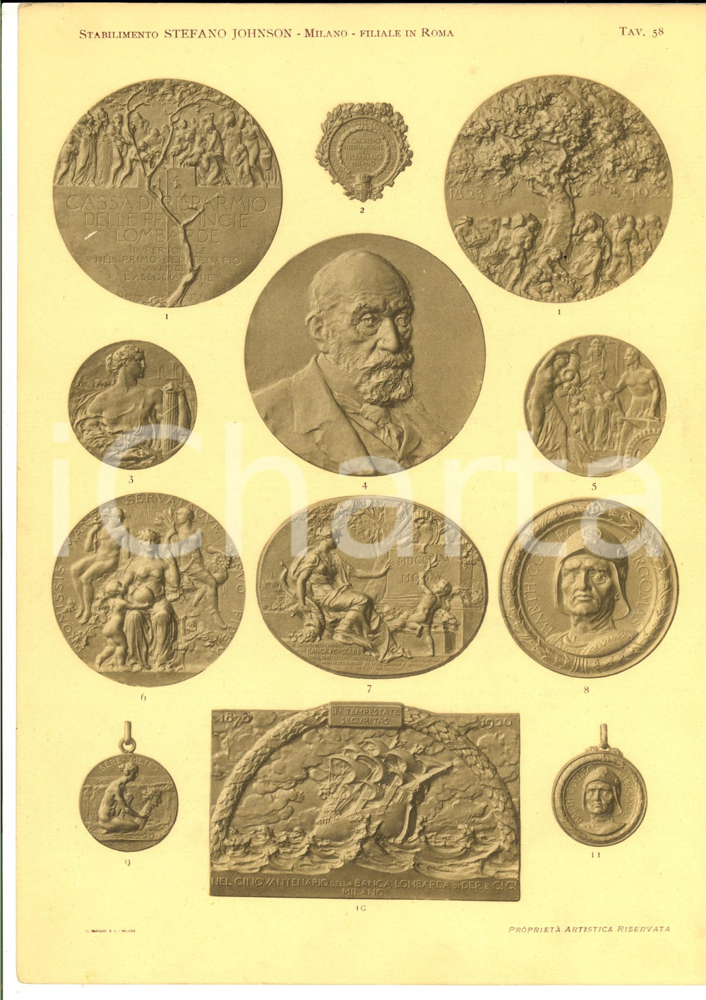 Stampa, bozzetto originale 1930 ca MILANO Ditta Stefano JOHNSON Medaglie per banche Stampa 20x30 tav. 58 1