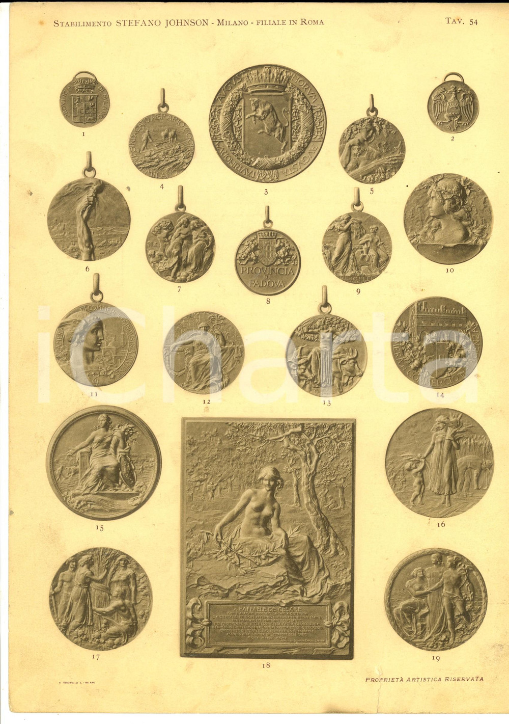 Stampa, bozzetto originale 1930 ca MILANO Ditta Stefano JOHNSON Medaglie enti agrari Stampa 20x30 tav. 54 1