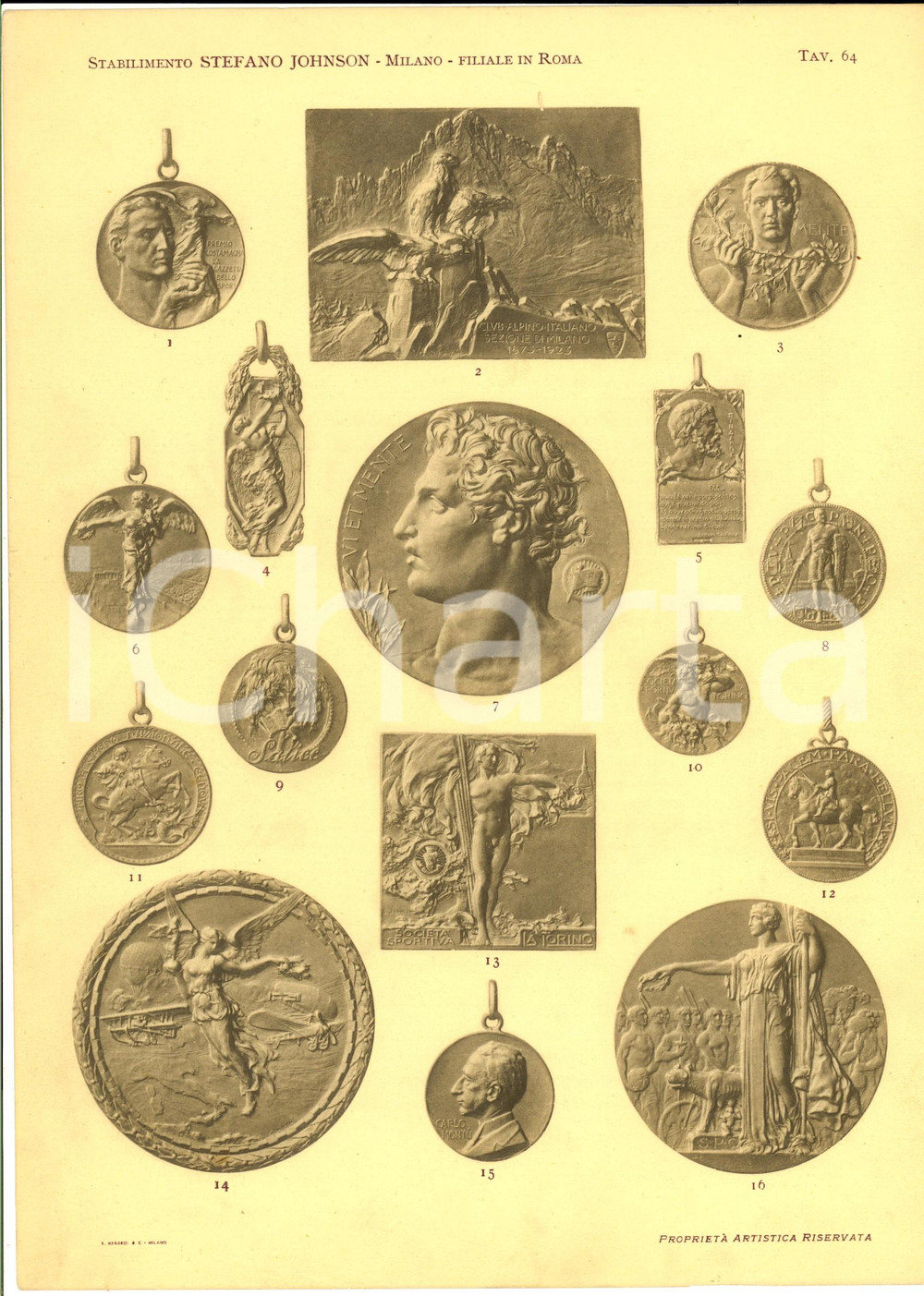 Stampa, bozzetto originale 1930 ca MILANO Ditta Stefano JOHNSON Medaglie sportive Stampa 20x30 tav. 64 1