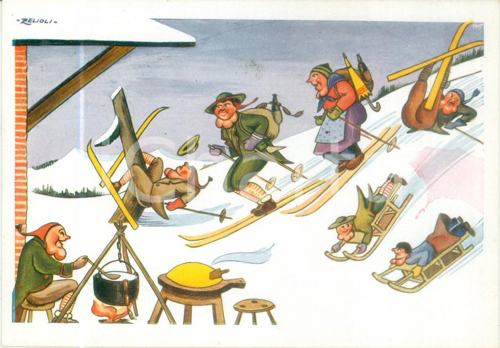 Cartolina originale da collezione 1970 ca BERGAMO Di corsa su sci a mangiare polenta Cartolina ILLUSTRATA ZELIOLI 1