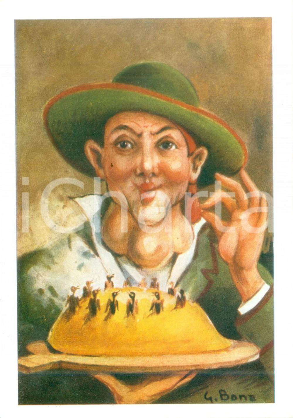 Cartolina originale da collezione 1970 ca BERGAMO Bergamasco mangia polenta e osei Cartolina ILLUSTRATA G. BONA 1