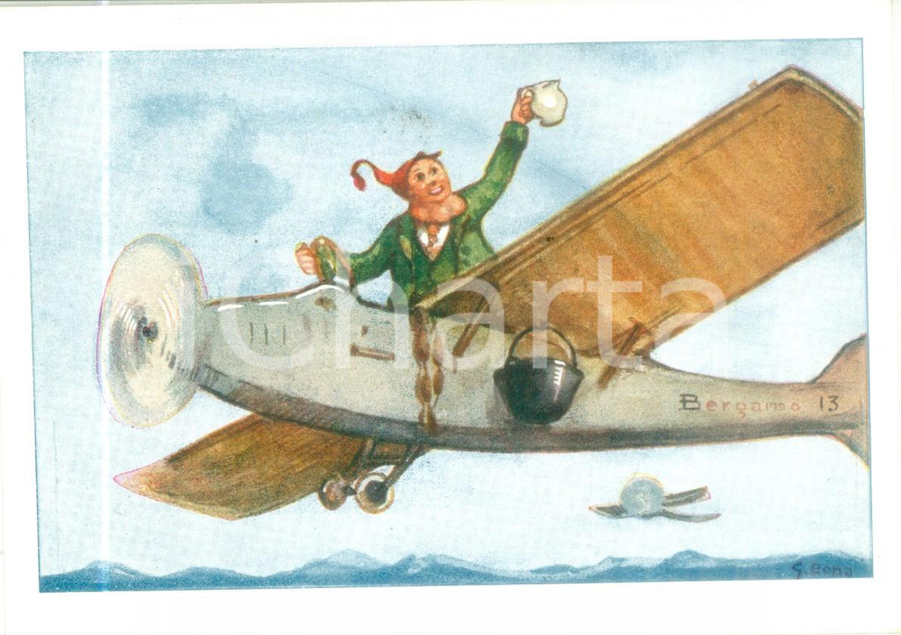 Cartolina originale da collezione 1970 ca BERGAMO Bergamasco su aereo con salsiccia Cartolina ILLUSTRATA G. BONA 1