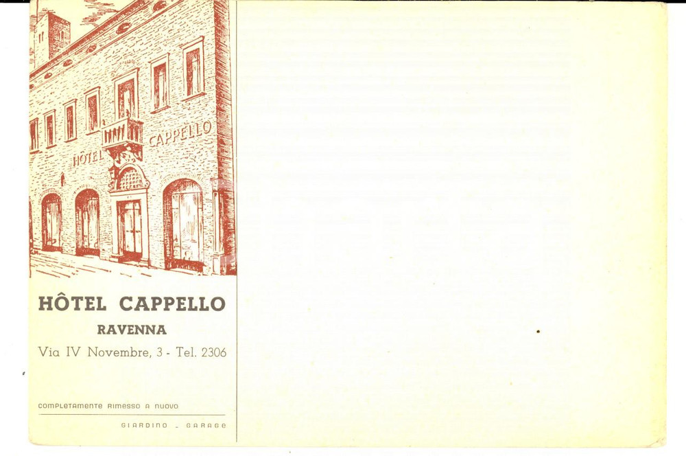 Materiale pubblicitario d’epoca 1950 ca RAVENNA Hotel CAPPELLO Cartoncino pubblicitario VINTAGE 15x10 cm 1