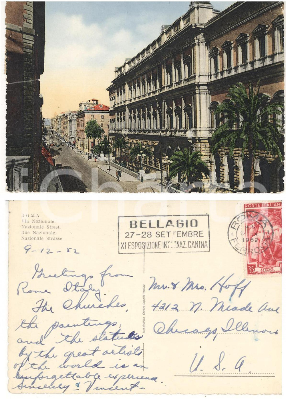 Materiale pubblicitario d’epoca 1952 ROMA Via Nazionale Cartolina TIMBRO BELLAGIO XI Esposizione Canina 1