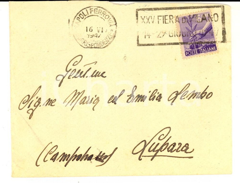 Materiale pubblicitario d’epoca 1947 NAPOLI Busta con TIMBRO PUBBLICITARIO XXV Fiera di Milano 1