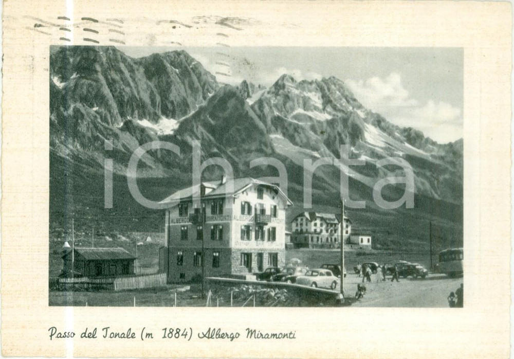 Cartolina originale da collezione 1957 PASSO DEL TONALE TN Albergo MIRAMONTI con automobili Cartolina FG VG 1