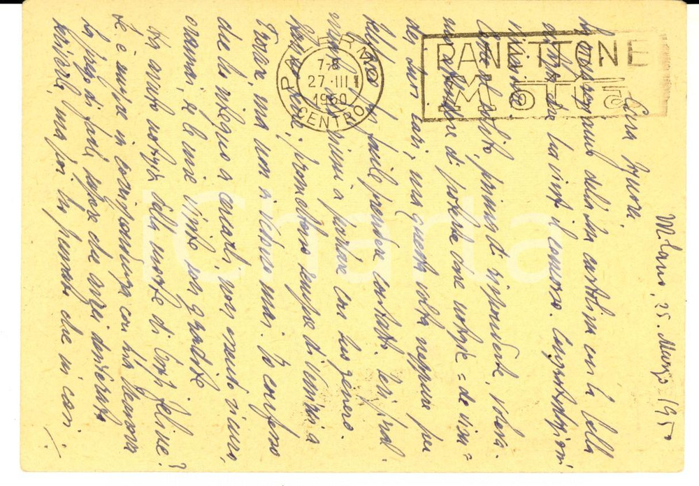 Materiale pubblicitario d’epoca 1950 MILANO Cartolina postale con TIMBRO PUBBLICITARIO Panettone MOTTA 1