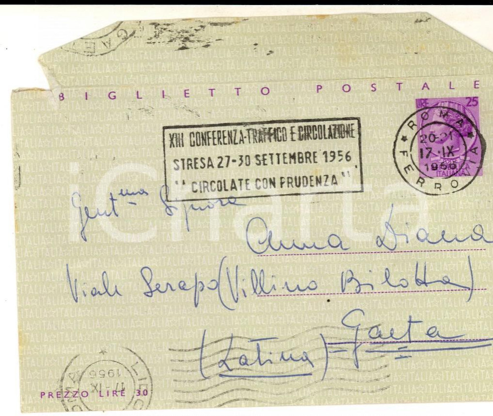 Materiale pubblicitario d’epoca 1956 Biglietto postale con TIMBRO PUBBLICITARIO STRESA XIII Conferenza Traffico 1