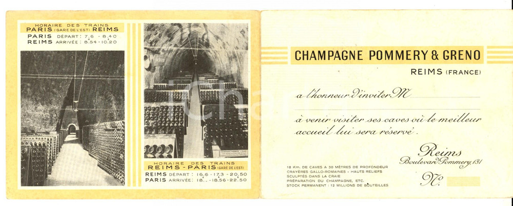 Materiale pubblicitario d’epoca 1950 ca REIMS FRANCE Champagne POMMERY & GRENO Biglietto pubblicitario 1