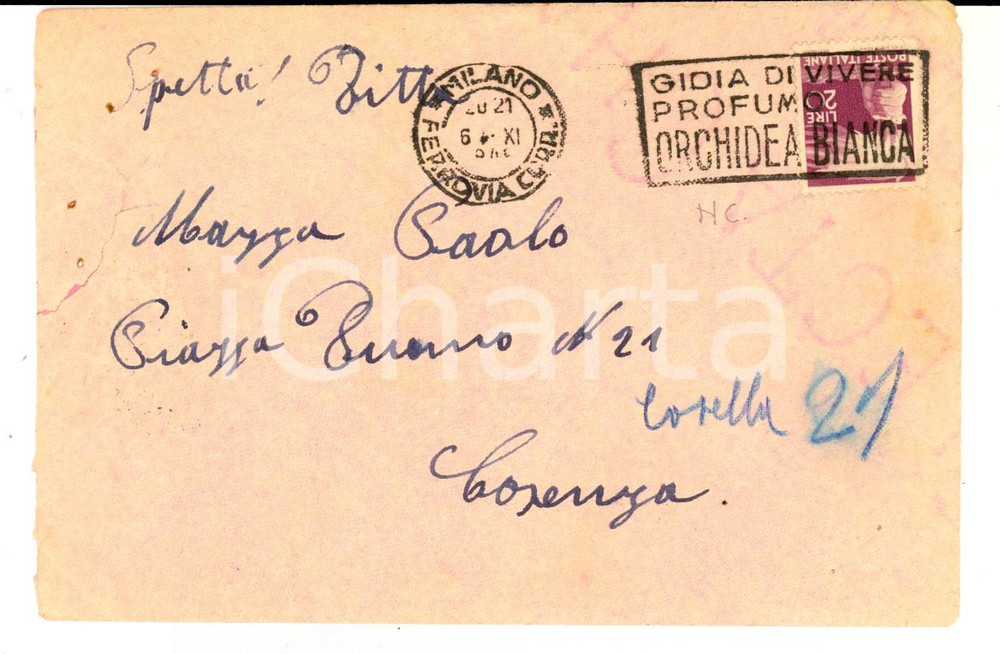 Materiale pubblicitario d’epoca 1949 MILANO Busta TIMBRO PUBBLICITARIO Gioia di vivere Profumo ORCHIDEA BIANCA 1