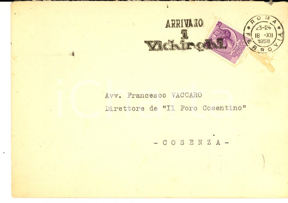 Materiale pubblicitario d’epoca 1958 ROMA Busta Ministro Poste Timbro pubblicitario I VICHINGHI film FLEISCHER 1