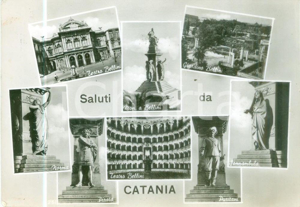 Cartolina originale da collezione 1956 CATANIA vedutine Teatro BELLINI Statue Cartolina postale FG VG 1
